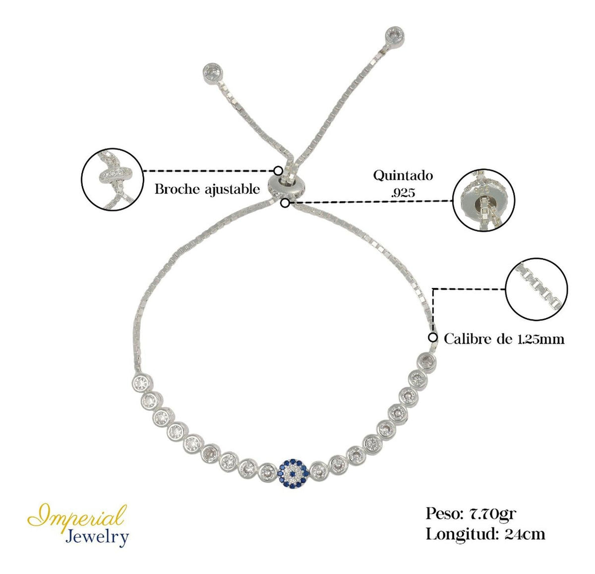 Pulsera De Plata 925 De Ojo Turco Con Zirconia Blanca Y Azul