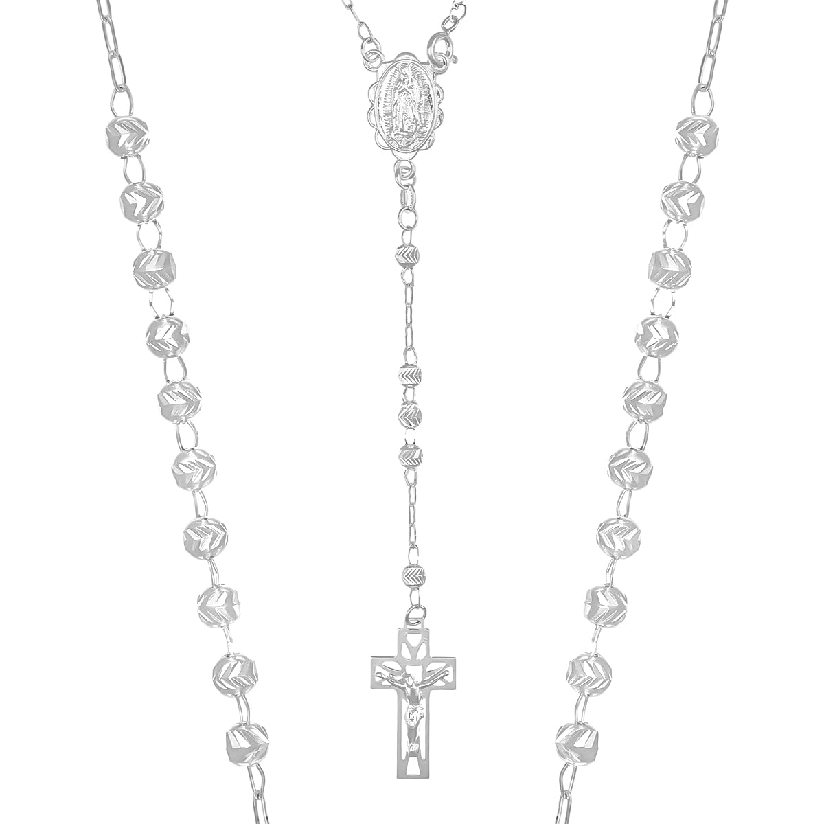 Rosario De Plata Ley 925 Con Bola Diamantada De 50 Cm