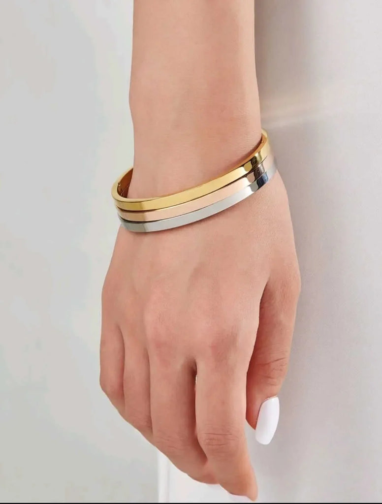 Pulsera Acero Inoxidable Triple Chapa 3 Oros 14K Calenbi