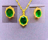 Collar y Aretes Acero Titanio "Corona De Rey" Circonita Faceteada Verde Chapa Oro 14k Calenbi