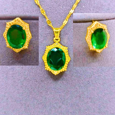 Collar y Aretes Acero Titanio "Corona De Rey" Circonita Faceteada Verde Chapa Oro 14k Calenbi