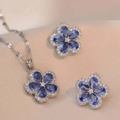 Collar y Aretes Acero Inoxidable Circonita Cubica Flor Azul Calenbi