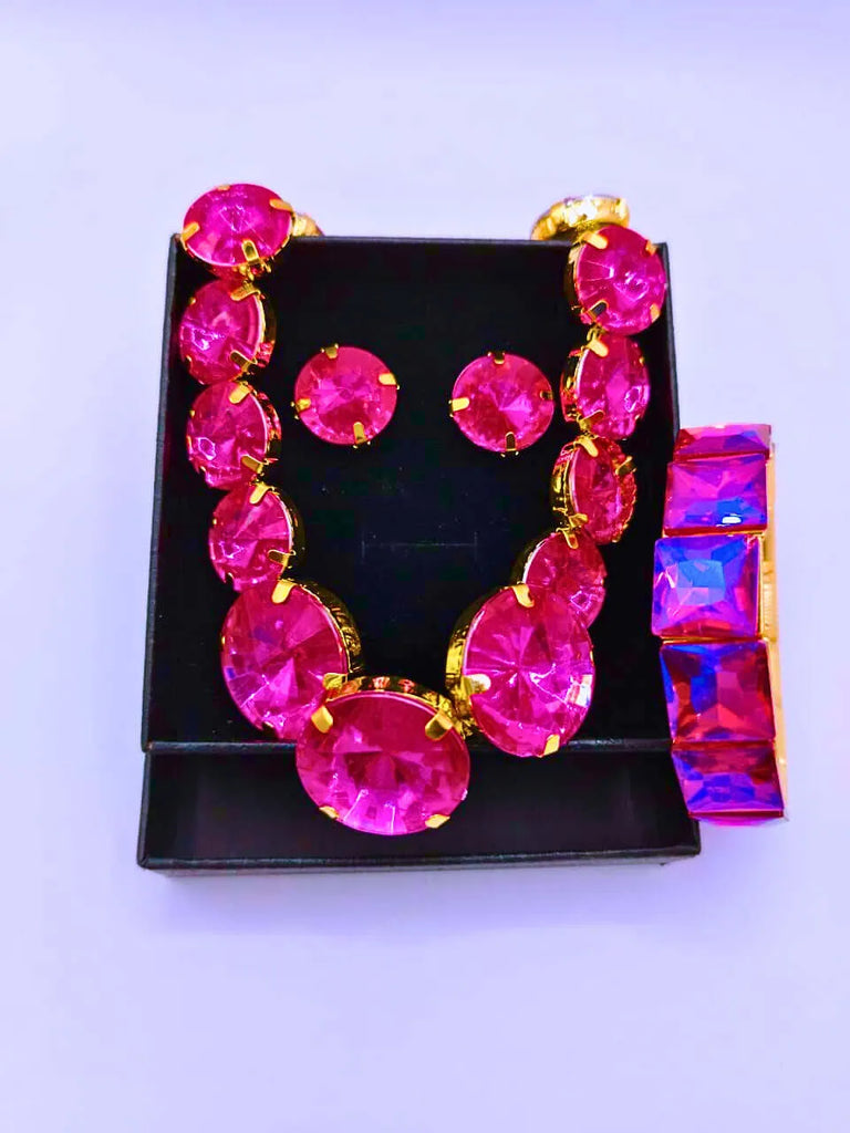 Collar y Aretes Aleación Circonita Cubica Negro,Rojo y Blanco Calenbi