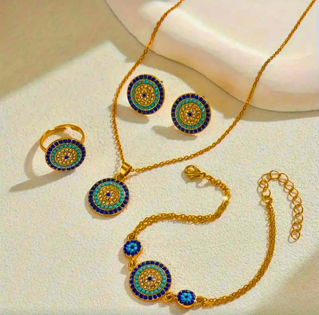 Juego Completo Acero Inoxidable Ojo Turco Circonita Blanco y Azul Calenbi