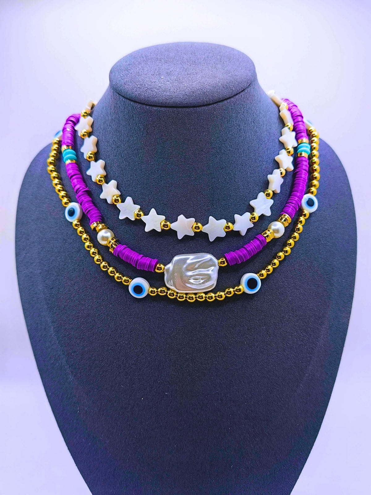 Collar Plástico Bohemio Triple Morado Ojo Turco Calenbi