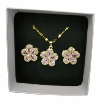 Collar y Aretes Acero Titanio Circonita Cubica Rosa Flor Calenbi