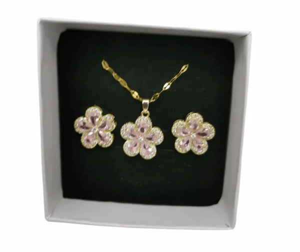 Collar y Aretes Acero Titanio Circonita Cubica Rosa Flor Calenbi