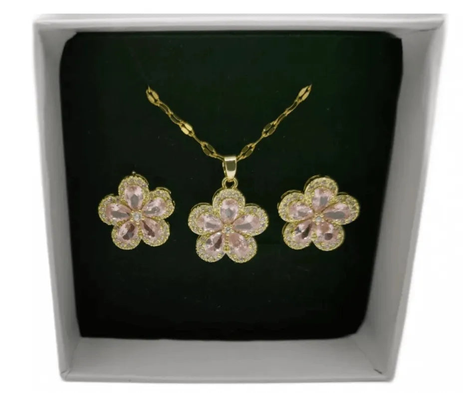 Collar y Aretes Acero Titanio Circonita Cubica Rosa Flor Calenbi