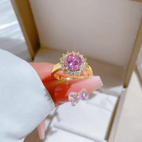 Anillo Titanio Flor Circonita Cubica Rosa y Blanca Ajustable Calenbi