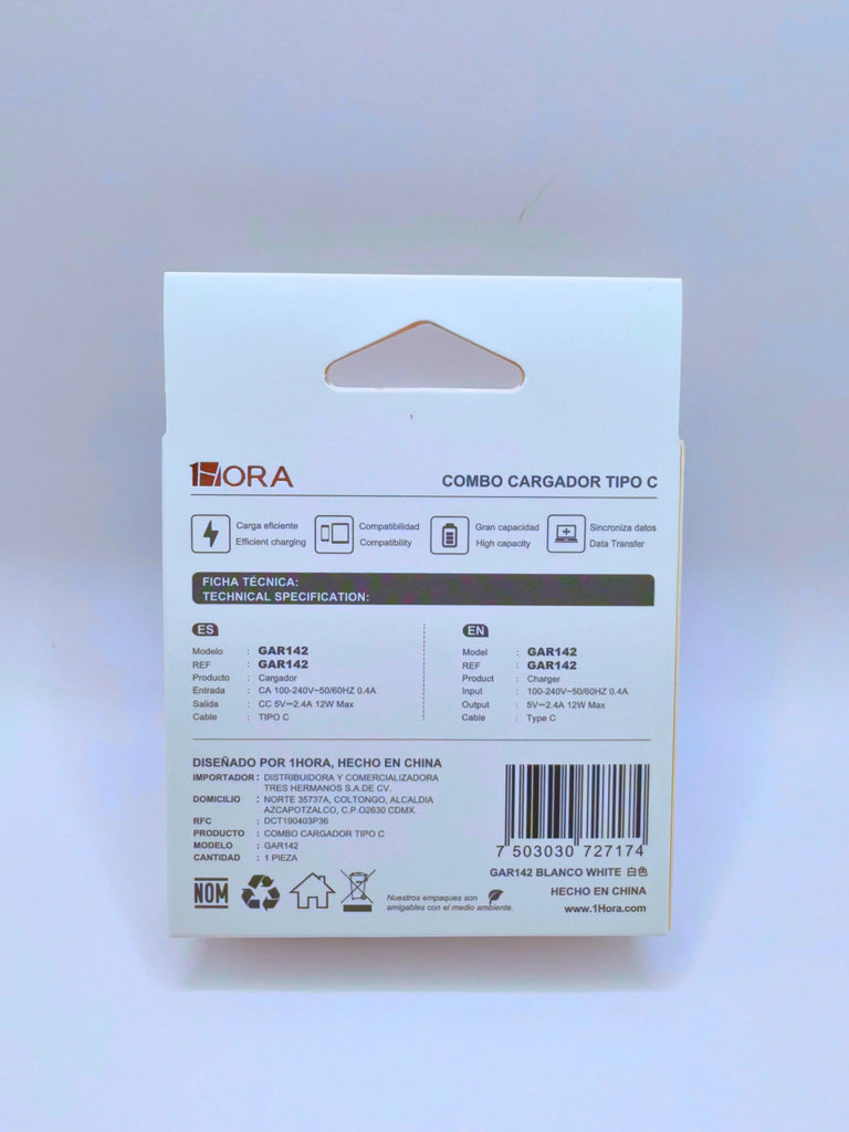 Gar142 - Combo Cargador Tipo  C  1m 2.4a 12w Max 1hora