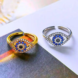 Anillo Acero Inoxidable Circonita Blanco y Azul Chapa Oro 14K Ajustable Calenbi