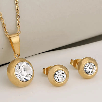 Collar y Aretes Acero Inoxidable Circonita Cubica Blanca Chapa Oro 10k 304L Calenbi