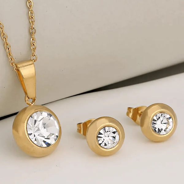Collar y Aretes Acero Inoxidable Circonita Cubica Blanca Chapa Oro 10k 304L Calenbi