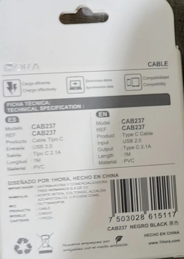 Cab237 - 1m Cable Tipo  C  Y  A  2.1a De Carga Y Datos 1hora