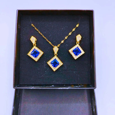 Collar y Aretes Acero Titanio Rombo Circonita Cubica Azul Chapa Oro 14k Calenbi