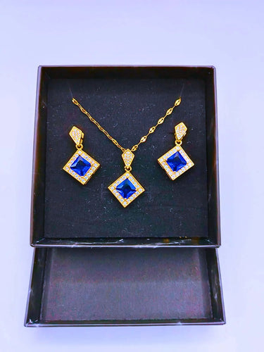 Collar y Aretes Acero Titanio Rombo Circonita Cubica Azul Chapa Oro 14k Calenbi