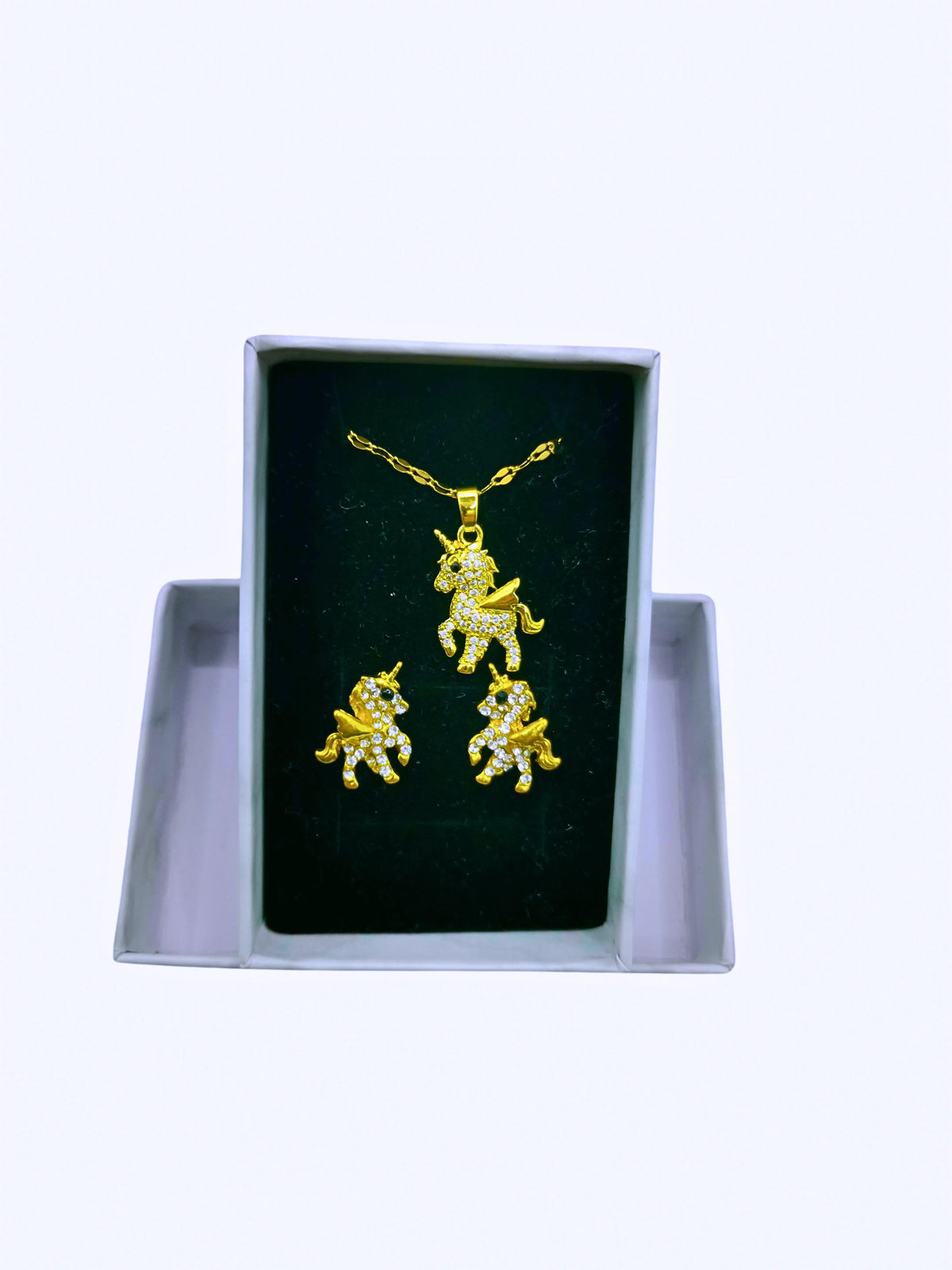 Collar y Aretes Acero Inoxidable Unicornio Circonita Cubica Blanca Calenbi