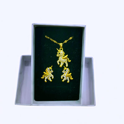 Collar y Aretes Acero Inoxidable Unicornio Circonita Cubica Blanca Calenbi