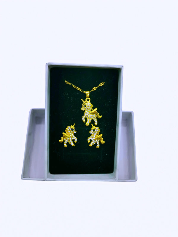 Collar y Aretes Acero Inoxidable Unicornio Circonita Cubica Blanca Calenbi