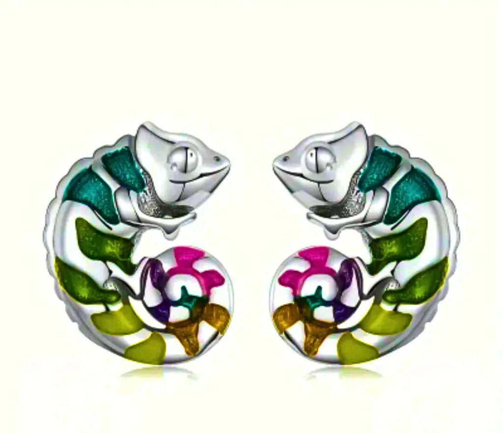 Aretes Plata Esterlina 925 Camaleón Recina Epoxica Inserción