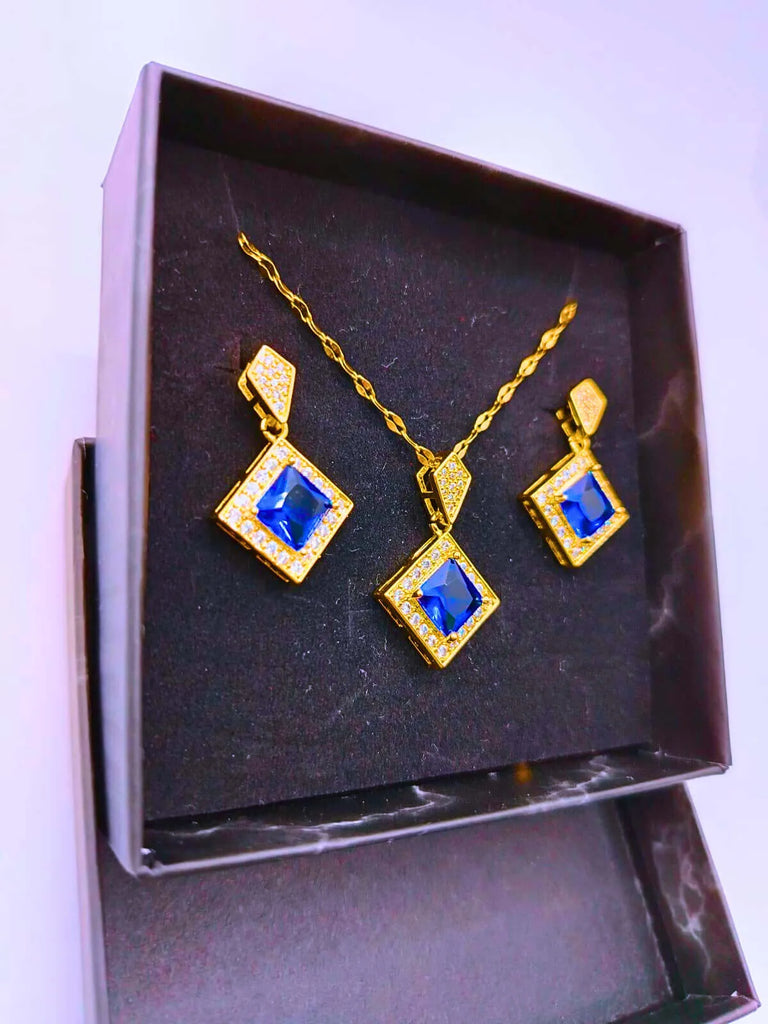 Collar y Aretes Acero Titanio Rombo Circonita Cubica Azul Chapa Oro 14k Calenbi