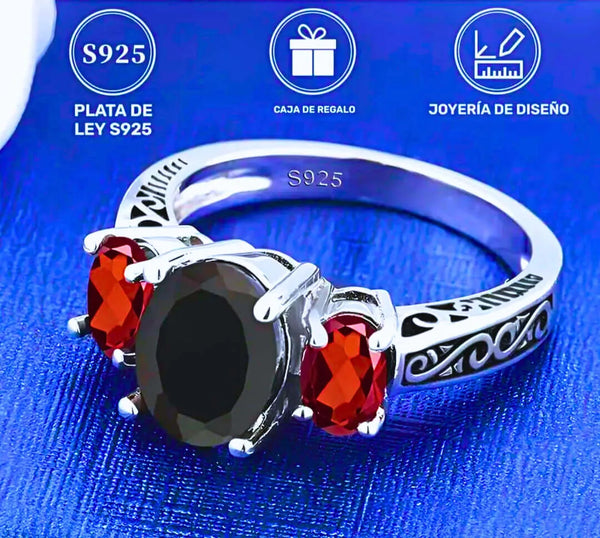 Anillo S925 Ley Circonita Negra y Roja Cerrado Calenbi