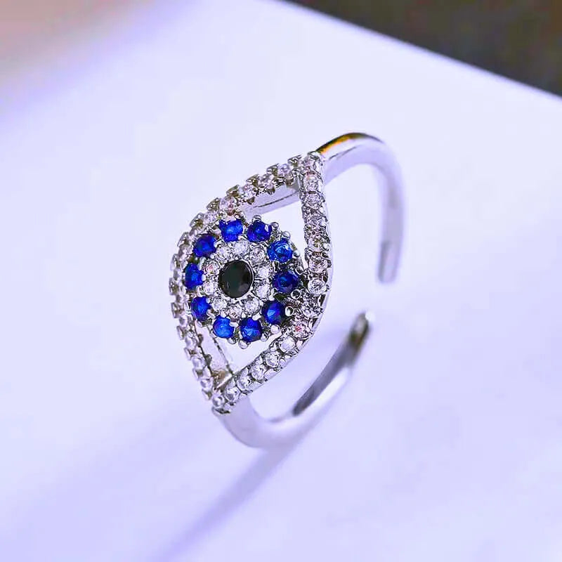 Anillo Acero Inoxidable Circonita Blanco y Azul Chapa Oro 14K Ajustable Calenbi