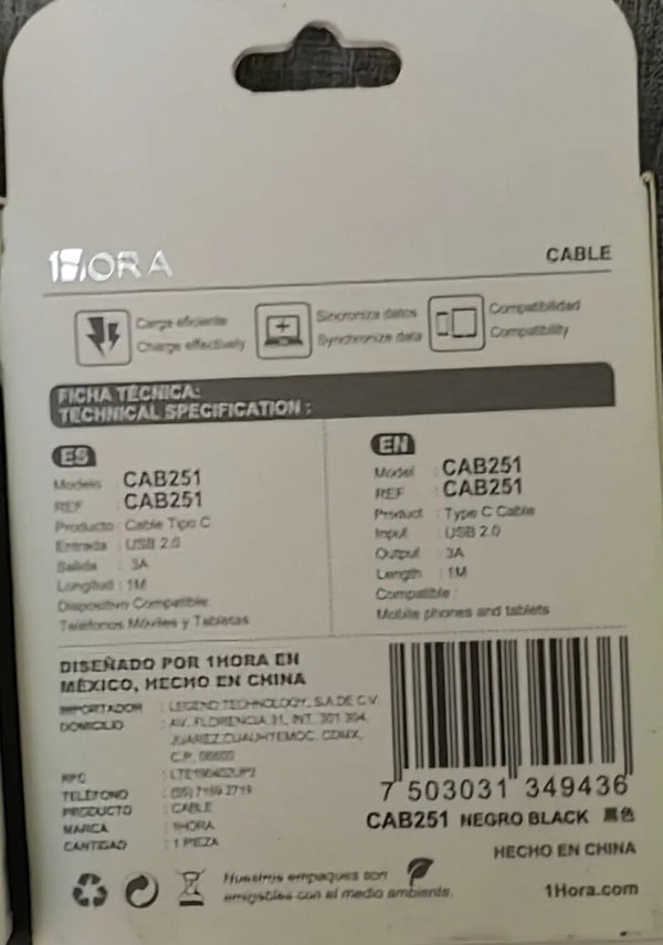 Cab251 - Cable Tipo  C  Y  A  3a 1metro 1hora