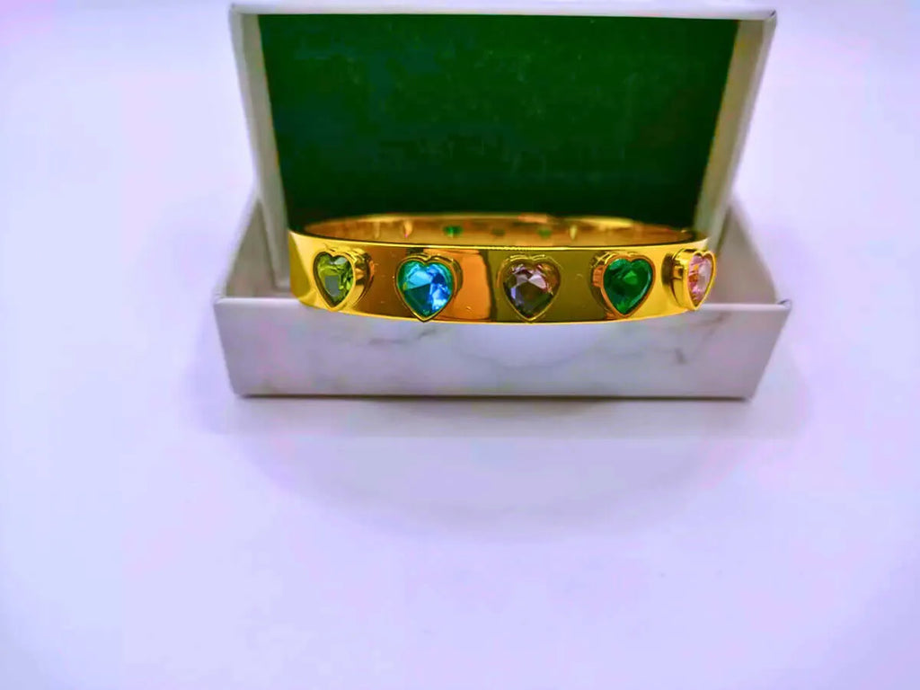 Pulsera Acero Inoxidable Circonita Cubica Corazónes Chapa Oro 12k Calenbi