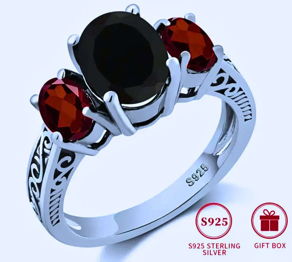 Anillo S925 Ley Circonita Negra y Roja Cerrado Calenbi