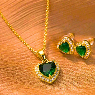 Collar y Aretes Acero Inoxidable Corazón Circonita Verde Chapa Oro 10k Calenbi