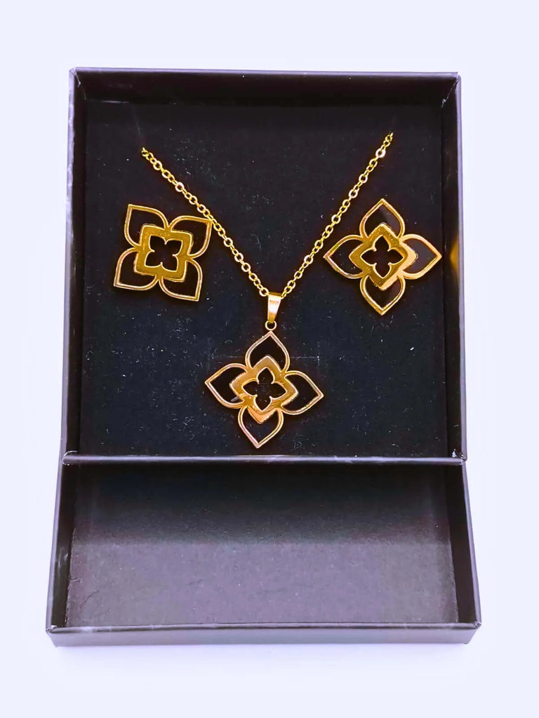 NEB0003,04 - Collar y Aretes Acero Titanio Flor Loto Epoxica Chapa Oro 10k Calenbi