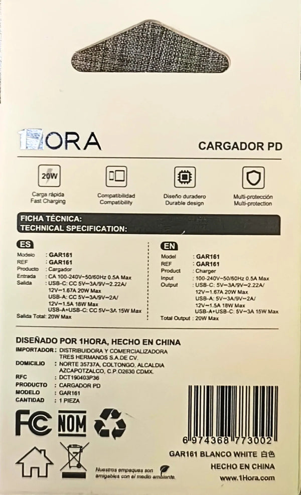 Gar152 - Cargador Usb  C  Pd 20w Max 1hora