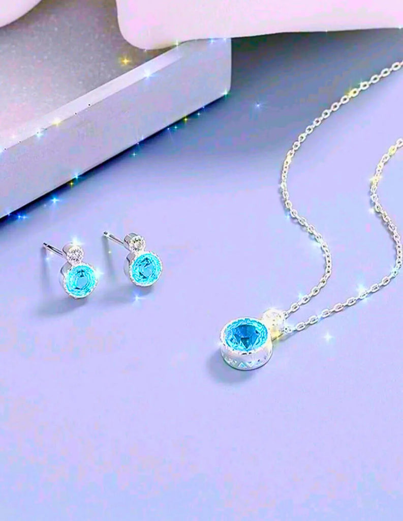 Collar y Aretes S925 Ley Mínimalista Moderno Circonita Azul Cielo Calenbi