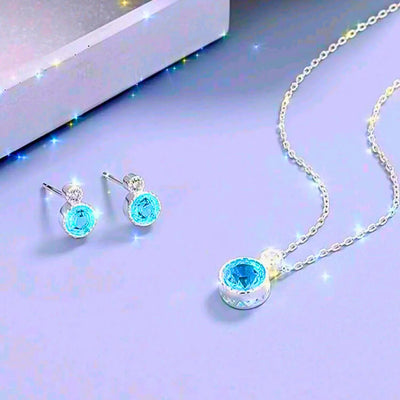 Collar y Aretes S925 Ley Mínimalista Moderno Circonita Azul Cielo Calenbi