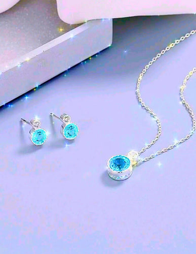 Collar y Aretes S925 Ley Mínimalista Moderno Circonita Azul Cielo Calenbi