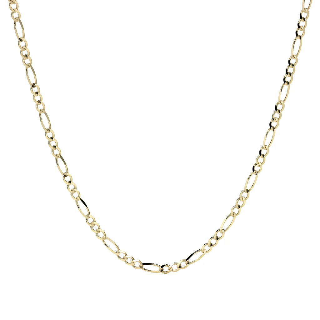 Cadena de Oro 10K Figaro 3x1 Hueca, Collar de Oro Italiano Ligero 2.6mm con Broche de Argolla