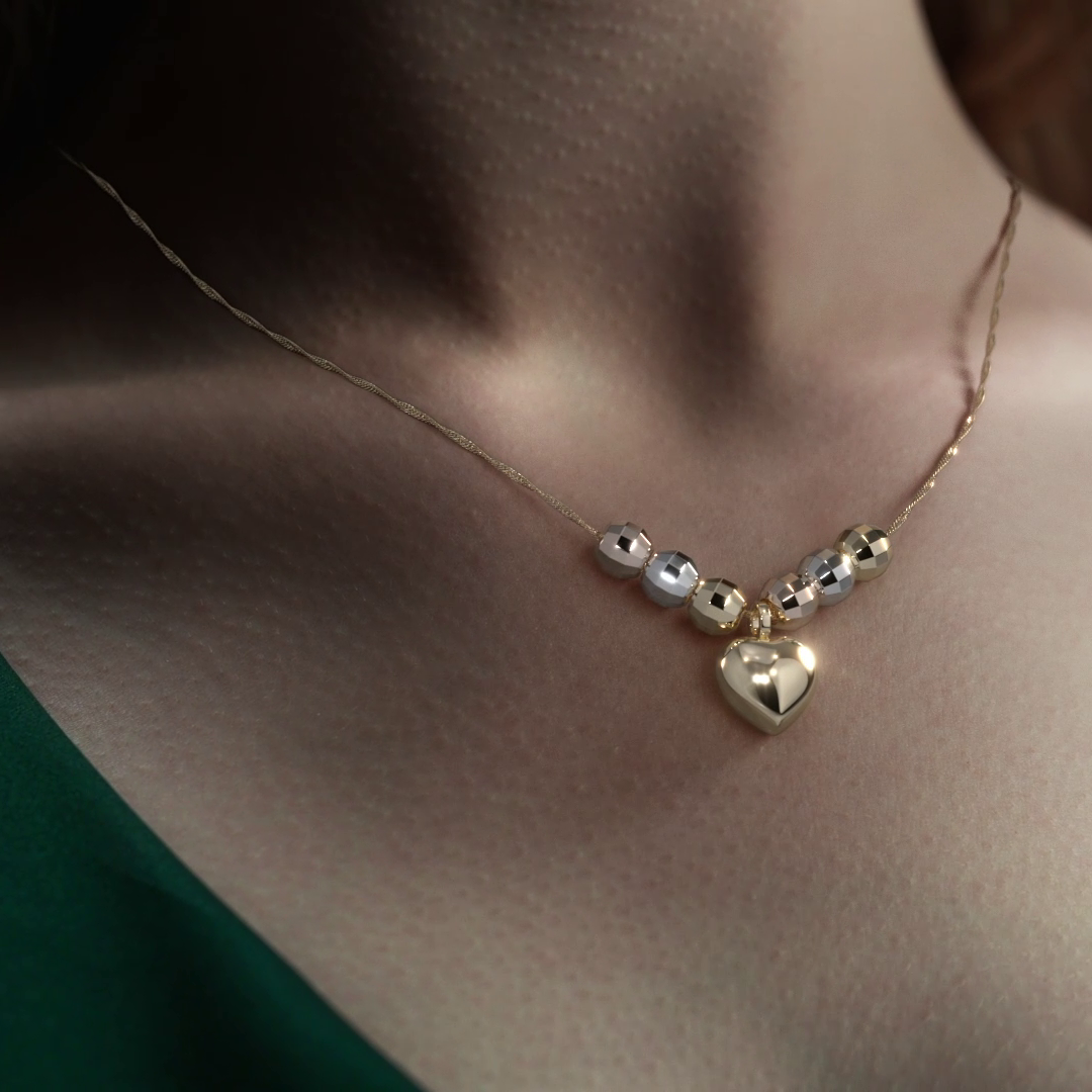 Gargantilla Italiana 14k o 10K De Corazón Inflado Y Bolas Tricolor