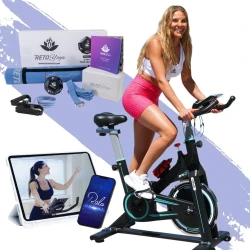 Bicicleta de Spinning Fija Estática con Clases Online y Kit de Yoga Gratis – Bicicleta de Ejercicio para Entrenamiento en Casa, Incluye Acceso a Clases Virtuales y Accesorios de Yoga